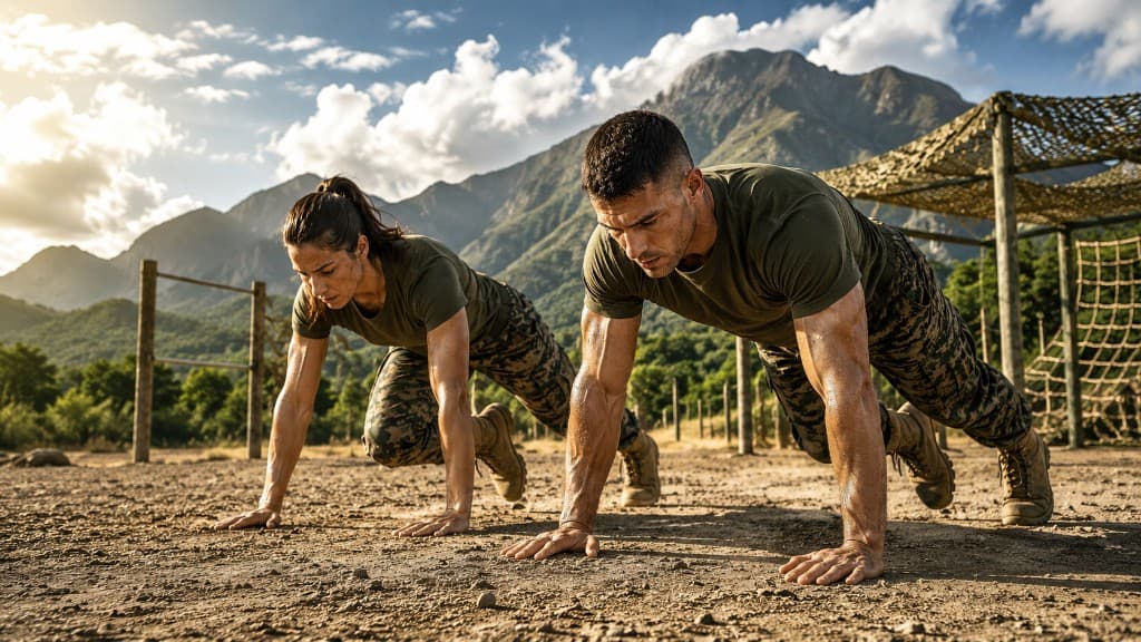 Two soldiers in fatigues performing push-ups together outdoors in the mountains
